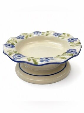 Thailand Ceramic Art Plate Scalloped Pedestal Bowl Candy Coin Candle Blue Cream